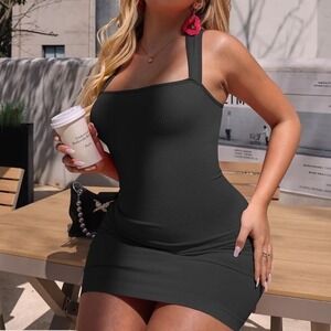 OQQ Black Ribbed Bodycon‎ Mini Dress Sleeveless Fitted Compression Party Date